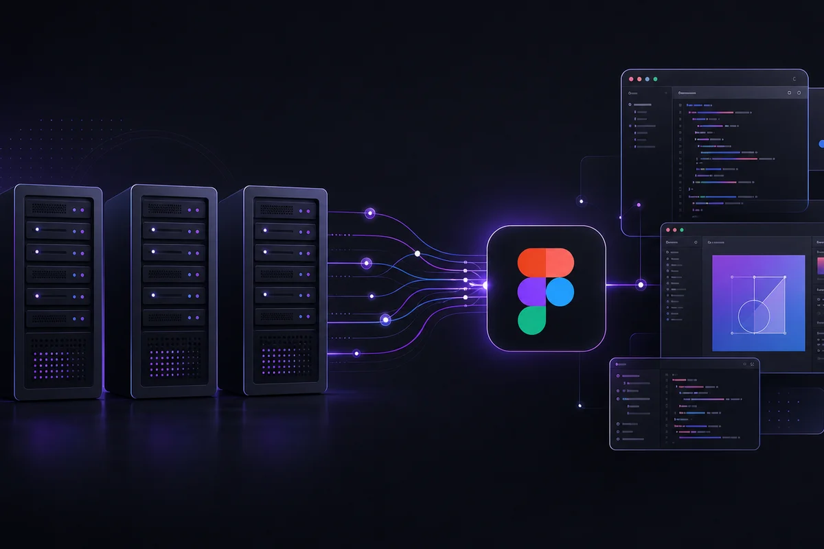 Drei stilisierte Server-Symbole verbinden sich mit einem Figma-Logo und Code-Editoren